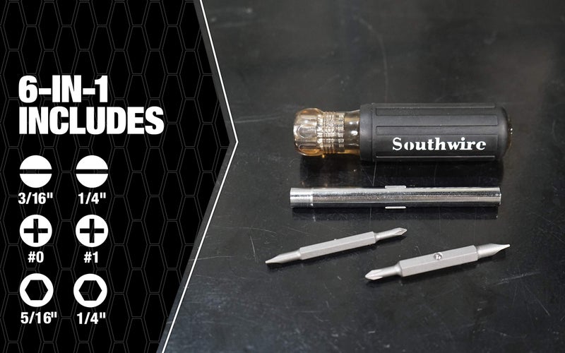 Southwire 65028840 SD6N1P 6-in-1 Screwdriver, Includes 5/16 nut Drivers, 1 and #0 Phillips 1/4'' and 3/16'' Slotted Tips - Image 3